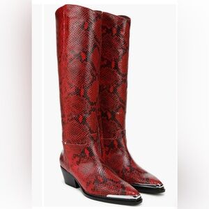 Franco Sarto Billie Knee High Snakeskin Leather Red Western Boots Sz 7 NWT